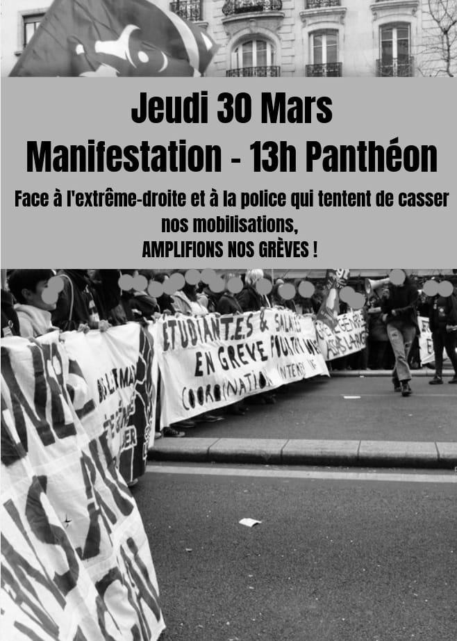MANIFESTATION CONTRE LES ATTAQUES D'EXTRÊME DROITE

Toustes ensemble, soyons le plus nombreux possible demain dans une manifestation contre l'extrême droite et contre la réforme des retraites. Rendez-vous à 13h à Panthéon (départ de l'ENS vers 12h45). Ils ne passeront pas !
