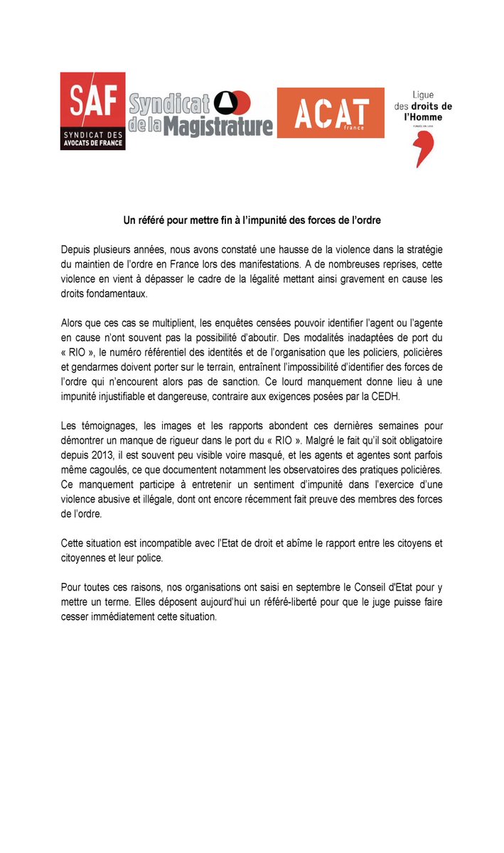 Les forces de l’ordre ont l’obligation de porter leur numéro d’identification visible à tout moment. Le port de la cagoule en matière de maintien de l’ordre est proscrit. Le ministère de l’Intérieur doit d’urgence exiger le respect de ces règles, d’où notre référé ⤵️