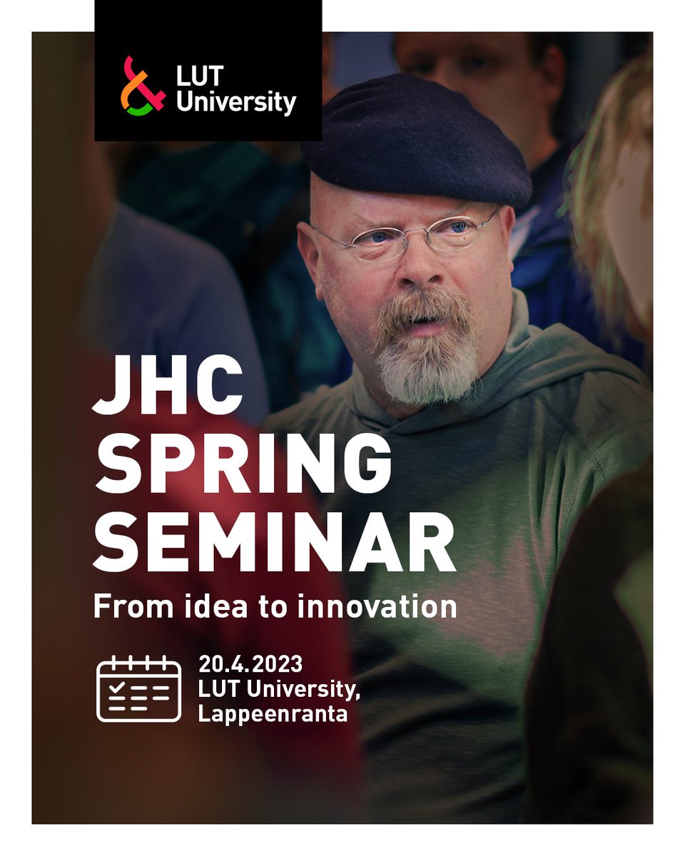 The JHC Spring Seminar brings together people, ideas and innovations – with Jamie Hyneman present. 🔥

➔ JHC Spring Seminar on 20 April 2023, 10:00–16:00, Lappeenranta campus.
➔ More information: lut.fi/en/events/jhc-…

Welcome!

#unilut #LUTbiz #jhc