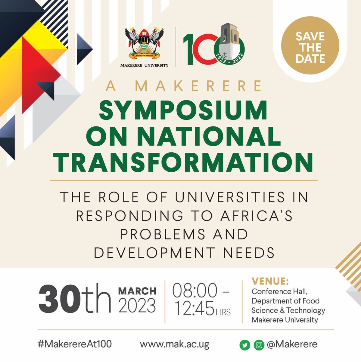 Theme: Discussing the role of Universities in responding to Africa's problems & development needs.
✅30th March 2023
📌Conference Hall Department of Food Sci & Tech Makerere University.
#MakerereAt100 @MoICT_Ug @DMU_Uganda