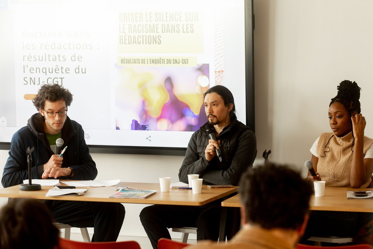 Lors de la première journée des Assises, <a href="/Ndj_estelle/">Estelle Ndjandjo</a> de l' <a href="/AJARacisees/">AJAR</a>, était aux côtés de <a href="/RemikenzoPages/">Rémi-Kenzo</a> du <a href="/SnjCgt/">SNJ-CGT (rejoignez-nous !)</a> et <a href="/Cl_Ollivier/">Clément Ollivier</a> pour présenter en avant-première une étude sur le racisme dans les rédactions. #AJTours #Racisme