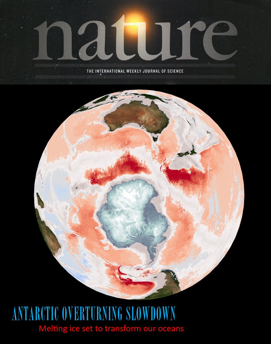 👉👉 Out today in @nature our new paper showing how meltwater increases around Antarctica are set to dramatically slowdown the Antarctic overturning circulation, with a potential collapse this century.  nature.com/articles/s4158…  A🧵on how this work came about and what we found...