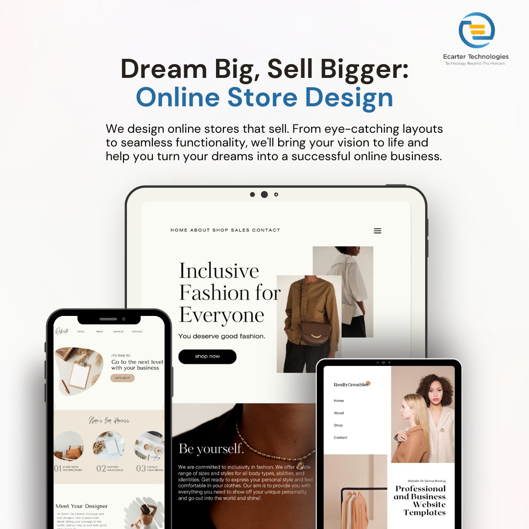 EcarterTech's tweet image. Ready to take your online store to the next level? 🚀 Look no further than Ecarter Technologies! Our expert team designs custom websites to help you sell bigger and better. 💻💰

#DreamBigSellBigger #OnlineStoreDesign #EcommerceExpert #EcarterTechnologies #buildmarketplace