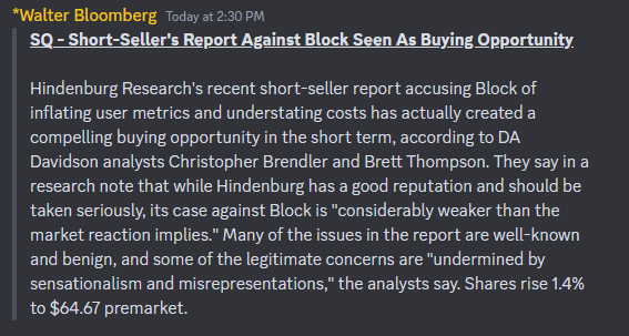 DeItaone's tweet photo. $SQ - Short-Seller's Report Against Block Seen As Buying Opportunity https://t.co/m6RPwjMVOV