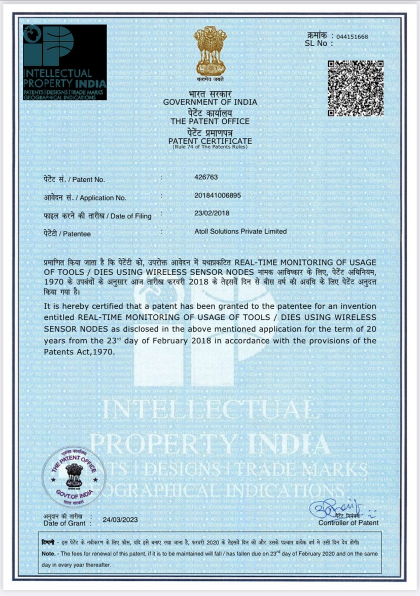 Atollsol's tweet image. Excited. One of our India patents got granted in the area of asset tracking and preventive maintenance. #preventivemaintenance #assettracking #conditionmonitoring #locationintelligence #patent