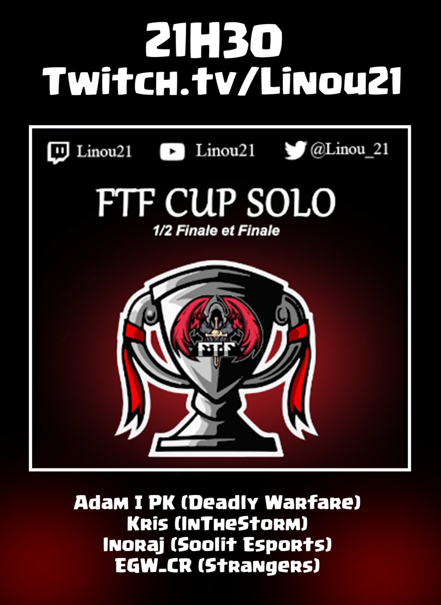 Linou_21's tweet photo. Ce soir 21h30 live #ClashRoyale sur ma chaine : https://t.co/lLXZ2sVxnG

➡ 𝟭/𝟮 𝗙𝗶𝗻𝗮𝗹𝗲 + 𝗙𝗶𝗻𝗮𝗹𝗲 de la @EsportFtf CUP SOLO
Qui sera le gagnant de cette édition d'après vous?
- @Inoraj_cr 
- EGW_CR
- @YNWABGCR 
- Adam | PK

Un pass sera offert par TAS sur mon live. https://t.co/UkIQUdHjL3