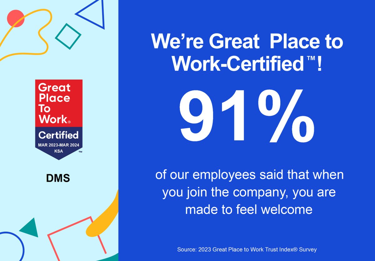 dms_ventures's tweet photo. DMS has been accredited by Great Place To Work as one of the best working environments in the Kingdom for the year 2023 through the level of empowerment provided to employees and maintaining a healthy work environment. 

#GreatPlacetoWorkMiddleEastCertified
#DMS
#DMS_Ventures https://t.co/CT4PLDmMnV