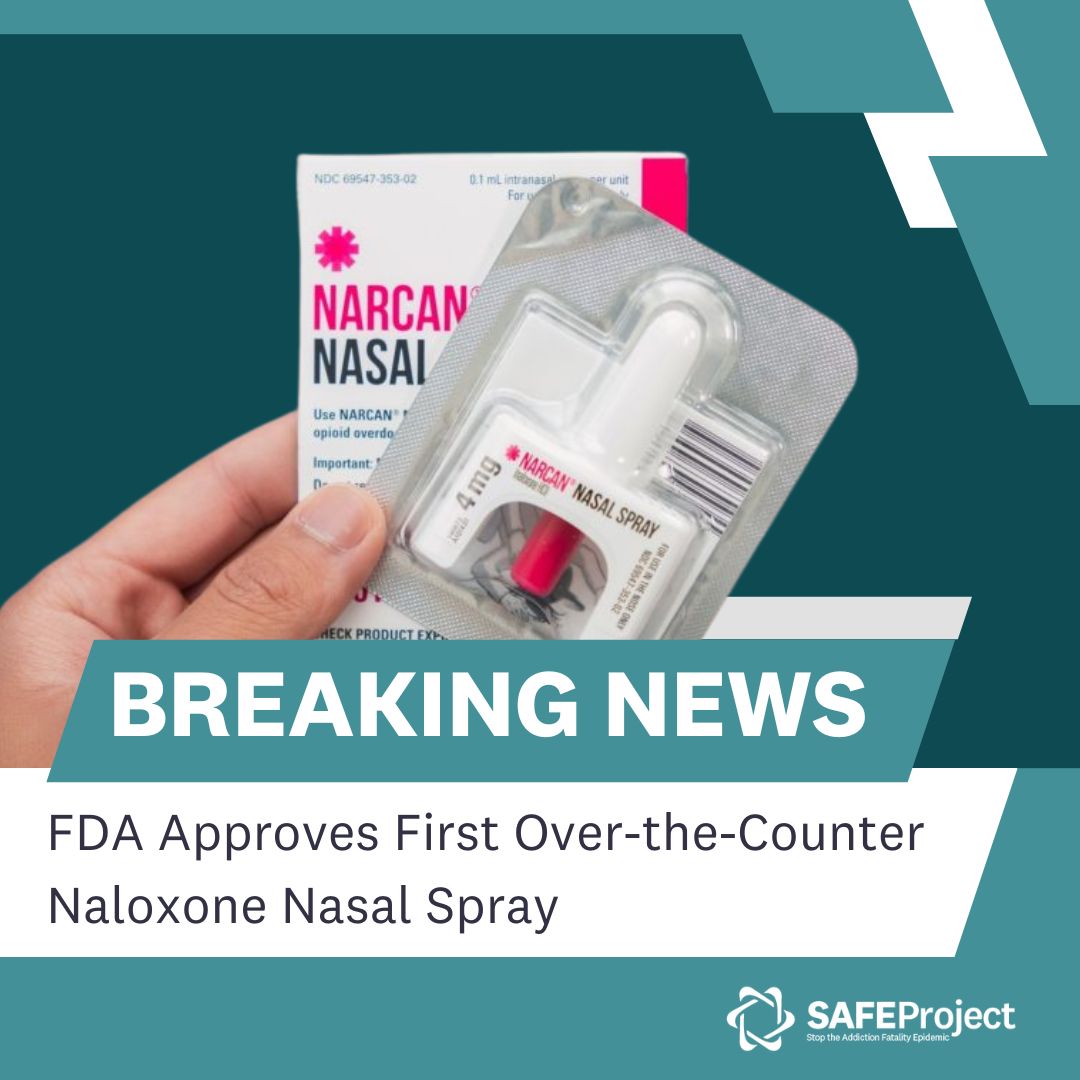 SAFEprojectUS's tweet photo. SAFE Project applauds the FDA's approval of Narcan, the naloxone hydrochloride nasal spray, for over-the-counter (OTC) distribution. As our country continues to struggle with this epidemic, this approval is a step toward making naloxone more readily available, saving more lives. https://t.co/tKISrkystT