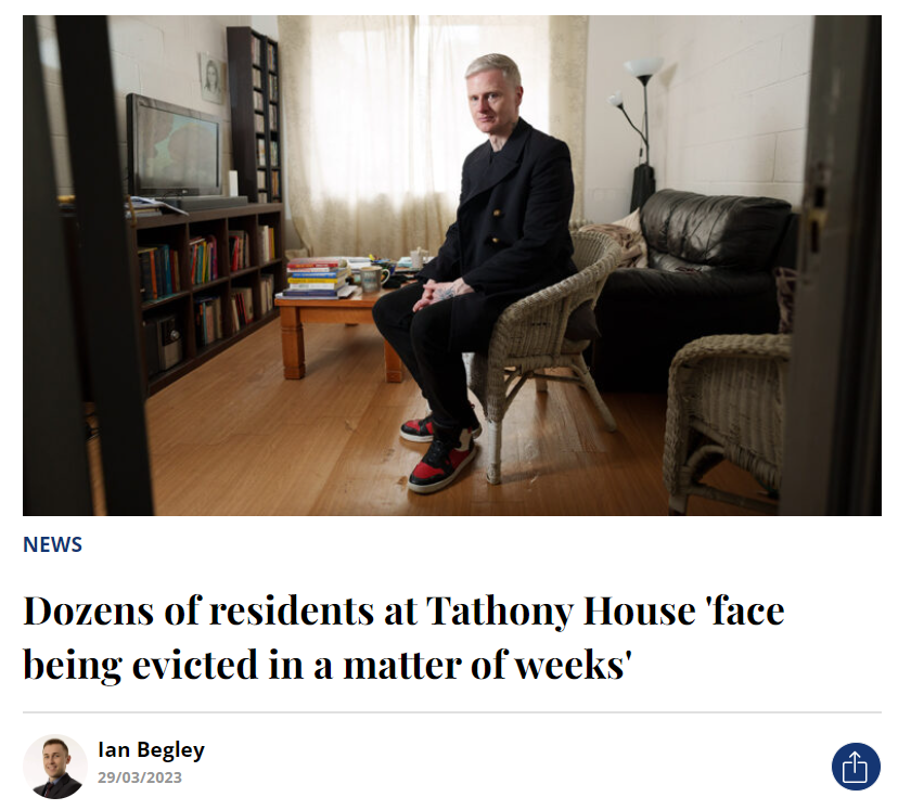 caulmick's tweet photo. #WhereDoWeGo?
Dozens of residents from an apartment block in north Dublin face homelessness in a matter of weeks after being served with eviction notices.
@IanBegley_
All tenants living in the 35 flats at Tathony House, Bow Bridge, Kilmainham, were given notice to vacate their homes in October last year when their landlord announced his intentions to sell the building.
https://t.co/UmA2Z6C8UE