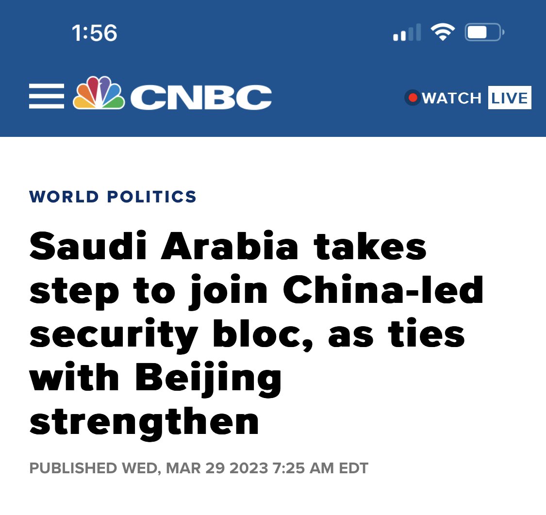 🚨 uh oh … worth watching 🧐

•Saudi Arabia's cabinet on Tuesday approved a memorandum awarding Riyadh the status of dialogue partner in the Shanghai Cooperation Organization.

•The SCO is a political, security and trade alliance that lists China, Russia, India, Pakistan and