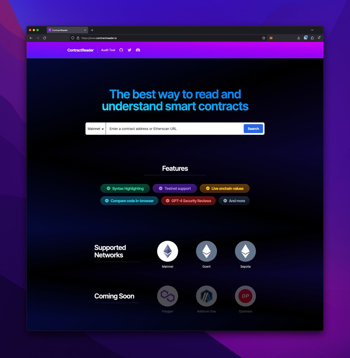 Today we're excited to release a refresh of our landing page for <a href="/ContractReader/">ContractReader.io</a> which betters showcases all that we've launched this year

It also has a list of smart contracts to jump right into, including <a href="/nounsdao/">Nouns</a>, Terraforms by <a href="/mathcastles/">Mathcastles</a>, &amp; <a href="/DelegateCash/">Delegate</a> by <a href="/0xfoobar/">foobar/</a>

1/2