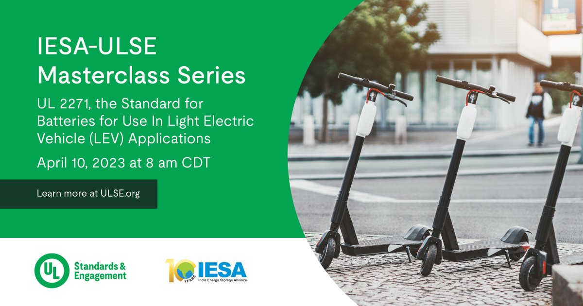 UL_Standards's tweet photo. Join us and @IndiaESA on April 10 for a masterclass webinar session on safety and standards for batteries used in light electric vehicle (LEV) applications. https://t.co/21lWv7l3EA
#eMobility #Webinar #LEV https://t.co/ANtrYwvl9R