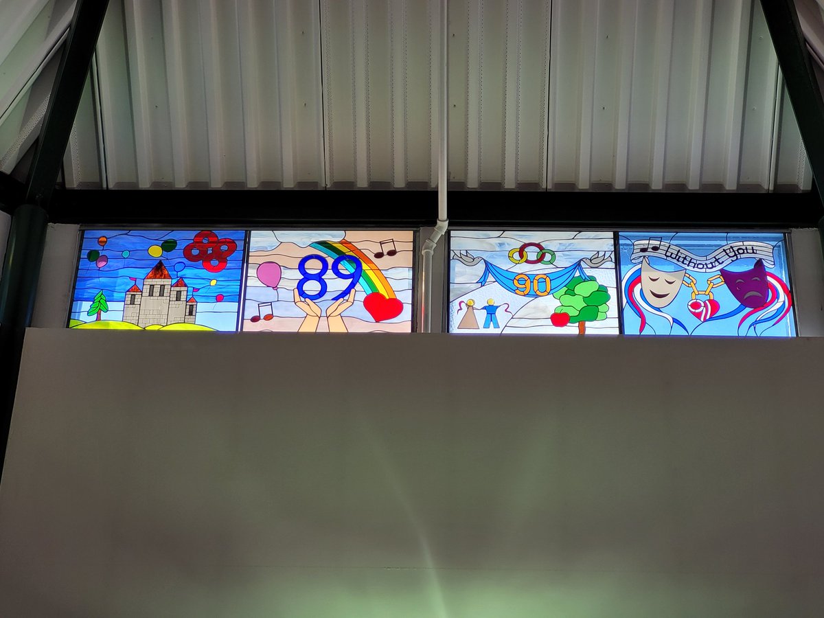 MitchKachur's tweet photo. The legacy continues at Ecole Dundonald! Annual Gr. 8 gift to the school is a student designed and created stained glass project that is proudly displayed. Also included in this post is the original from 1988 (also best decade for music!) @StoonPubSchools https://t.co/Xdgwjd9AiC