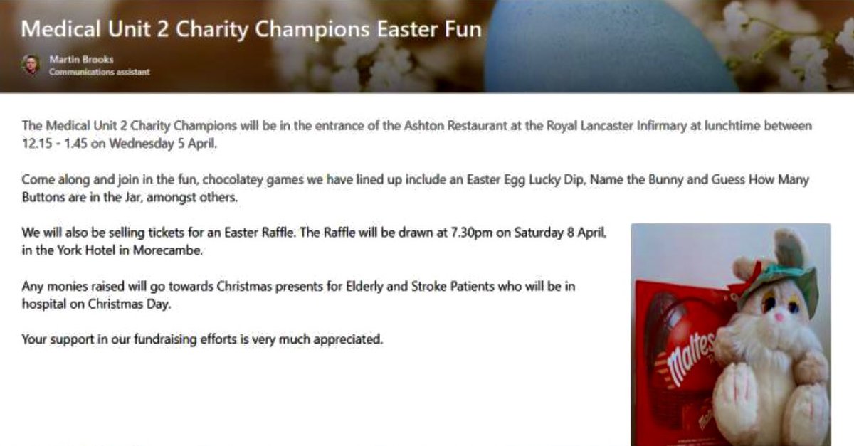 Iona67579's tweet photo. Easter Raffle &amp; games - 5th April outside the canteen at the RLI - raising money to buy presents for all Elderly &amp; Stroke patients in hospital this christmas 🎅🏼 @aaroncumminsNHS @Annanelson2383 @Real_Bongi @marktaylor18 @bayhospitals @RachaelBroadle1 https://t.co/BjoW2Le91m
