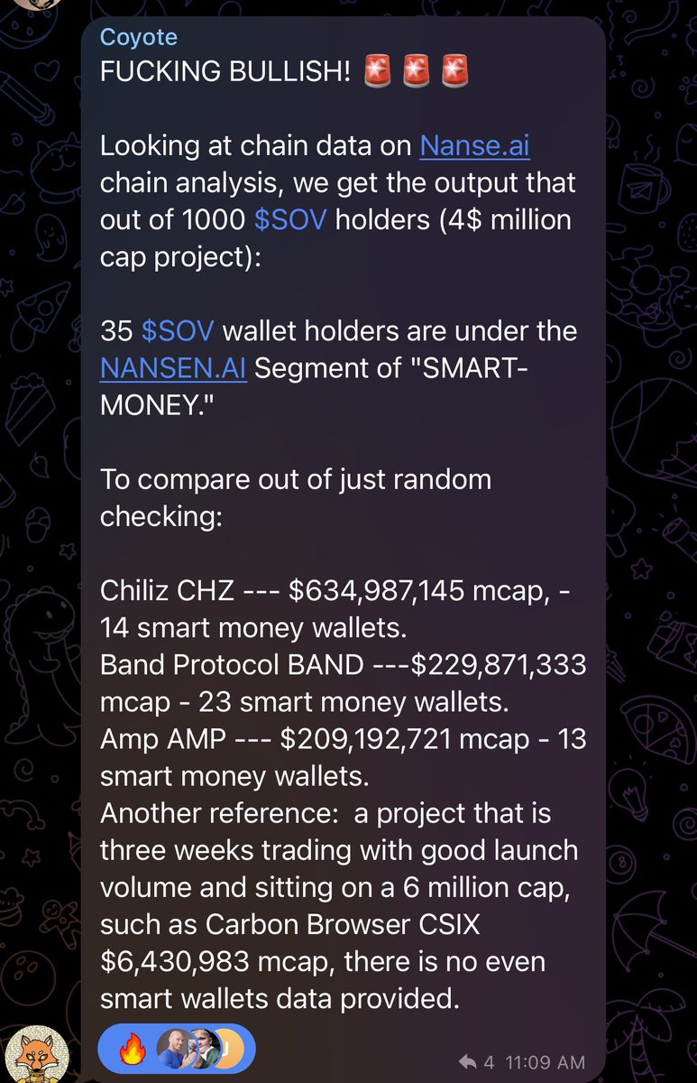 Chad_on_Base's tweet photo. If case you need any more reasons to grab a bag of $sov read the below! Smart money is loading up… SOV has more “smart” wallets than $chz, $band, $amp and $csix. This is gonna get sent  🚀🚀🚀

#nansenai #crypto #altseason #shib #shibarmy $shi $woof $bone $leash #shibarium $paw https://t.co/7lE4XxoZ2p