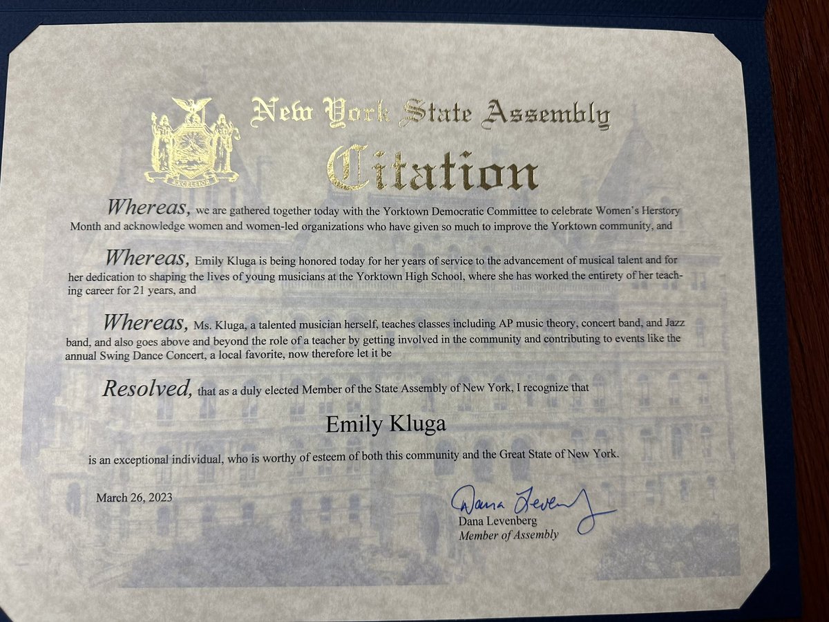 YHSDeGennaro's tweet photo. Congrats to @MsKluga 4 recently being honored by the NY State Assembly 4 advancing music programs in our schools, instilling high level music education &amp; always going above and beyond. Well deserved! 🌽 @yhsbands @MsStockChoir @DrB_Orchestra @FirstNighters @YHSPTSA @YorktownCSD https://t.co/tHh0XN1UDg