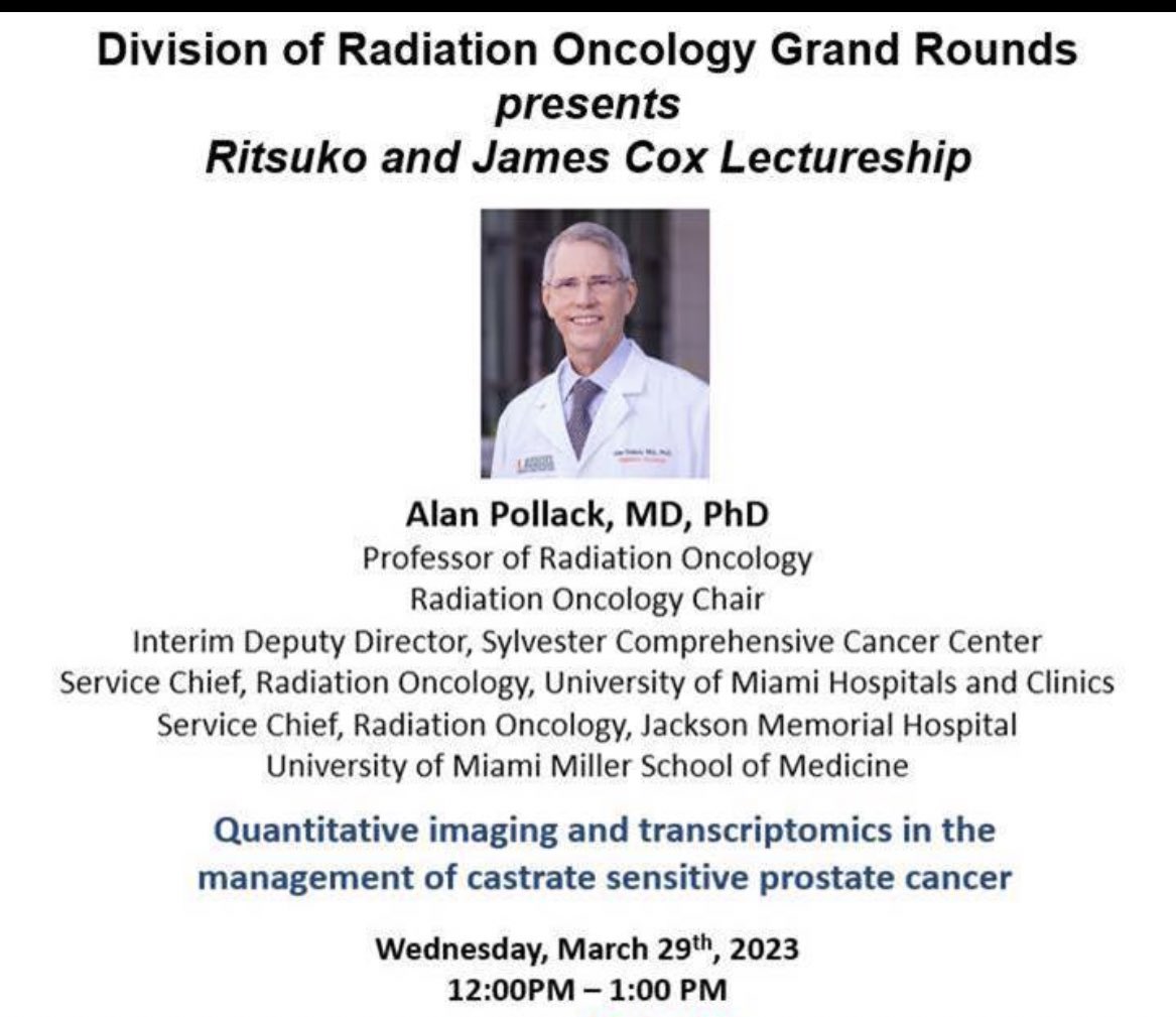 Chelsea C Pinnix MD PhD (@chelseapinnix) on Twitter photo Packed house for the Ritsuko and James Cox Lectureship!Thank you <a href="/_APollack/">Alan Pollack, MD, PhD</a> for your Grand Rounds lecture & for spending the day with our residents.This is a beautiful way to honor a giant in our field who was tirelessly committed to education. We miss him so much. <a href="/ACKoongMDPhD/">Albert Koong, MD PhD</a> Packed house for the Ritsuko and James Cox Lectureship!Thank you <a href="/_APollack/">Alan Pollack, MD, PhD</a> for your Grand Rounds lecture & for spending the day with our residents.This is a beautiful way to honor a giant in our field who was tirelessly committed to education. We miss him so much. <a href="/ACKoongMDPhD/">Albert Koong, MD PhD</a>