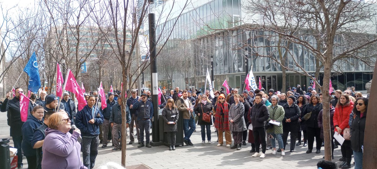 OCUFA's tweet photo. OCUFA and @x_fac_assoc at @TorontoMet campus today in solidarity with staff from @OPSEU 596 and @CUPEOntario 223 as they bargain for a fair contract! https://t.co/rZTKeLeJ9J