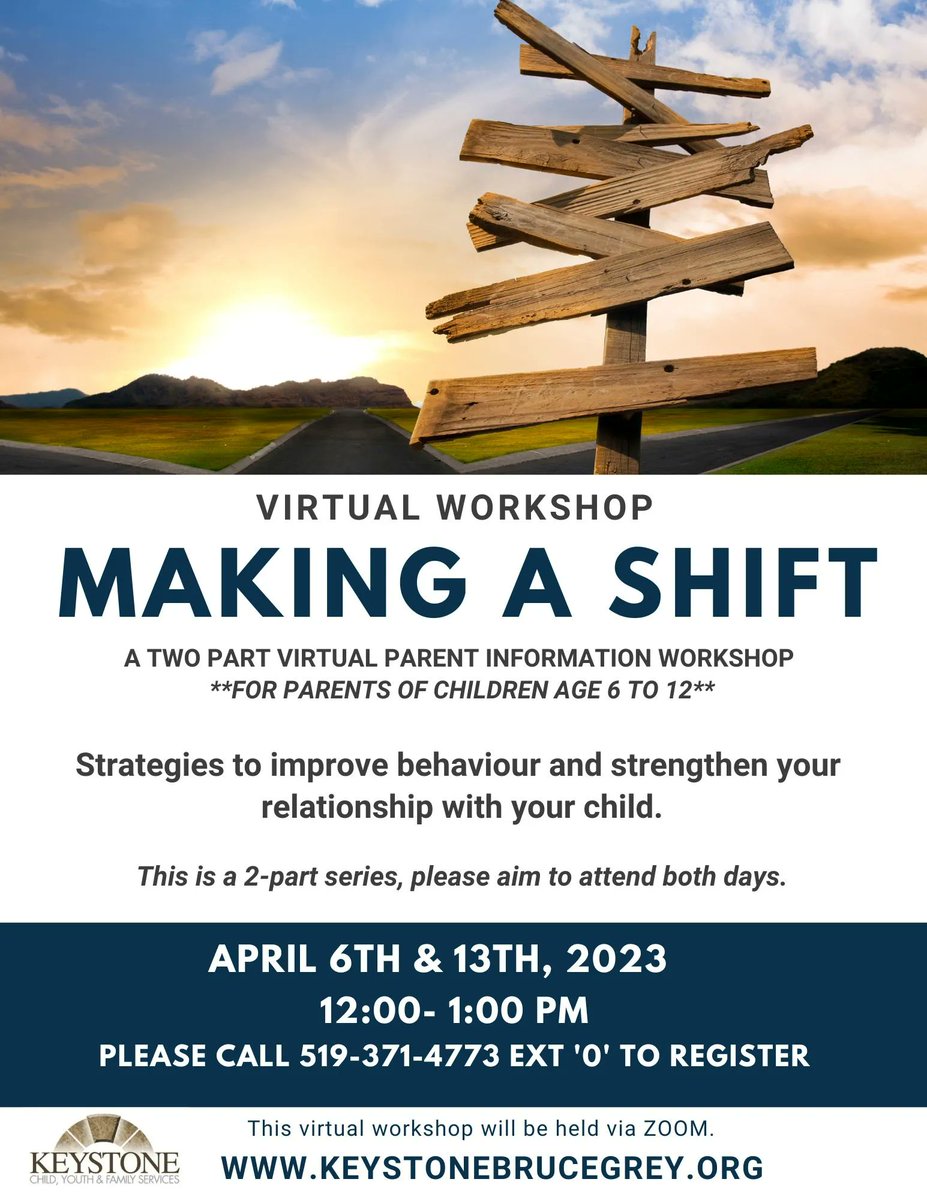 Making a Shift- Free virtual workshop for parents and caregivers of children aged 6-12. 
April 6th and April 13th, 2023
12:00 pm – 1:00 pm
Strategies to improve behaviour and strengthen your relationship with your child.
Please register by calling 519-371-4773 ext “0”
#Parenting