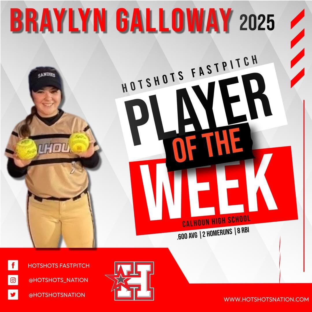 hotshotsnation's tweet photo. Congrats to these ladies on having a standout week in high school the week of March 13-17!!

Player of the week: Braylyn Galloway of 16u Hotshots Premier Bryant
Pitcher of the week: Amy Abke of 18u Hotshots National Jones https://t.co/VrRFvHn9o4
