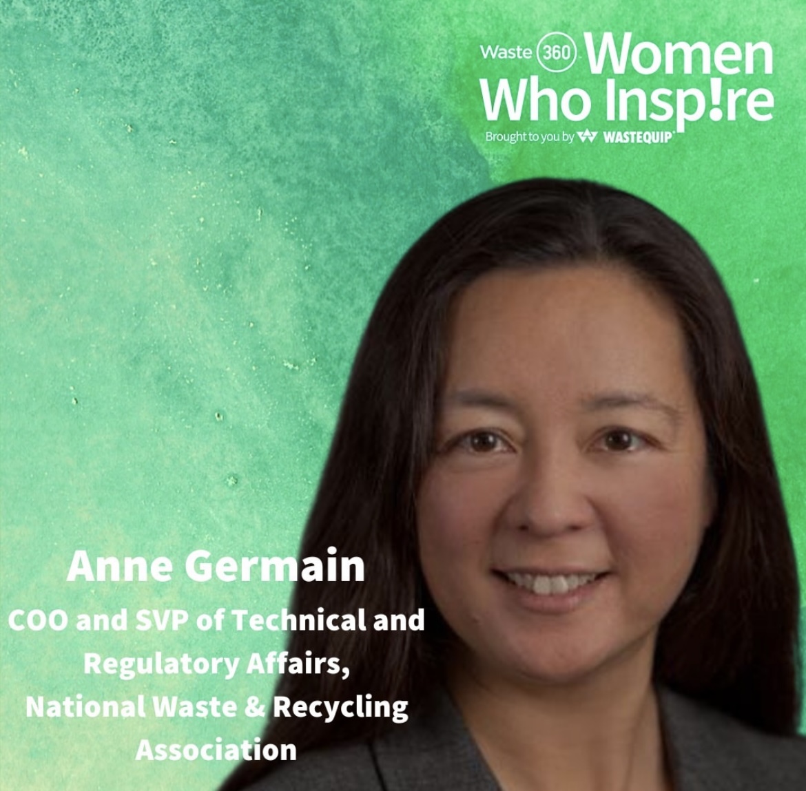 wasterecycling's tweet photo. We're thrilled to share that Anne Germain of NWRA was recognized by Waste360 as a Woman Who Inspires for her contributions to the waste &amp; recycling industry! Congrats to all the award recipients—we're looking forward to celebrating with you at @Waste_Expo! https://t.co/OKetXalqdq https://t.co/2kkkqcF1oj