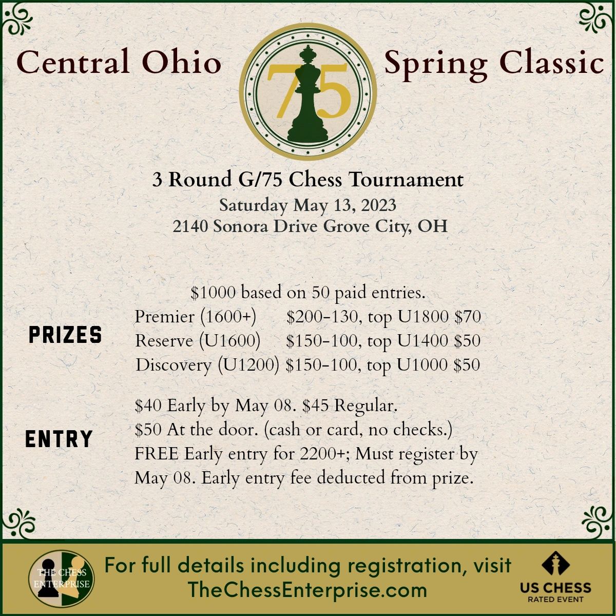 ChessEnterprise's tweet image. ♔♕♖♗♘♙    𝐑𝐄𝐆𝐈𝐒𝐓𝐑𝐀𝐓𝐈𝐎𝐍 𝐈𝐒 𝐎𝐏𝐄𝐍    ♚♛♜♝♞♟

The Central Ohio Spring Classic, a one day 3 round G/75 chess tournament. 

Date: Saturday, May 13, 2023
Location: 2140 Sonora Dr., Grove City, OH 43123.

For full details and entry: TheChessEnterprise.com