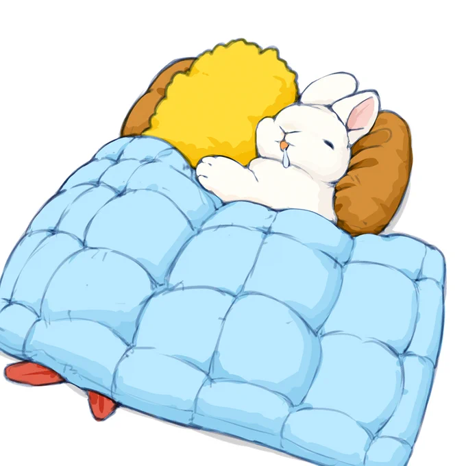 エビフライと仲良く寝るウサギ 