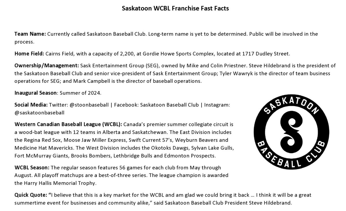 wcbleague's tweet photo. Some fast facts about the @stoonbaseball, the expansion #WCBL franchise that will play out of Cairns Field starting in 2024. Cannot wait to see them #PlayInOurPark! https://t.co/BgfI6UzoHs