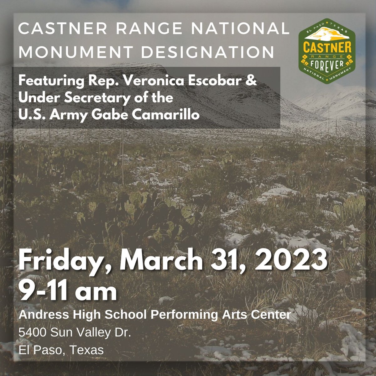 THIS FRIDAY! 

The Paso del Norte community is invited to celebrate the @CastnerRangeNM designation!

Congresswoman Veronica Escobar and Under Secretary of the U.S. Army Gabe Camarillo to 
speak at event to thank community and talk next steps. #Castner4Ever