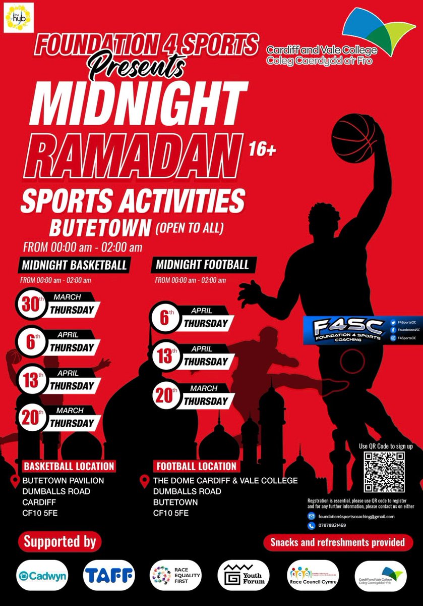Foundation 4 Sports (@f4sportscic) on Twitter photo Our Butetown Midnight Ramadan programme starts tomorrow night, in the <a href="/ButetownP/">ButetownPavilionHub</a> 🏀
All details on the flyer below, please share around to your networks!
Open to all irrespective of background🙌🏾
#MidnightRamadanSportsWales Our Butetown Midnight Ramadan programme starts tomorrow night, in the <a href="/ButetownP/">ButetownPavilionHub</a> 🏀
All details on the flyer below, please share around to your networks!
Open to all irrespective of background🙌🏾
#MidnightRamadanSportsWales