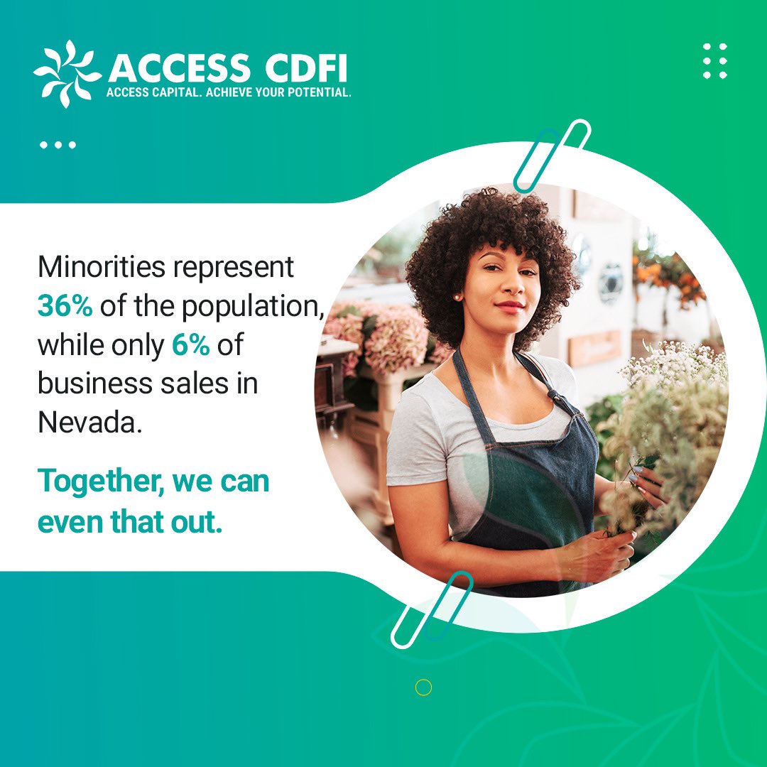 Minority-owned businesses are an essential part of the Nevada economy.  We’re proud to support their growth and success. Contact us today to learn more about our financing options for minority-owned businesses in Nevada. 

accesscdfi.com/#contact 
#vegassmallbusiness