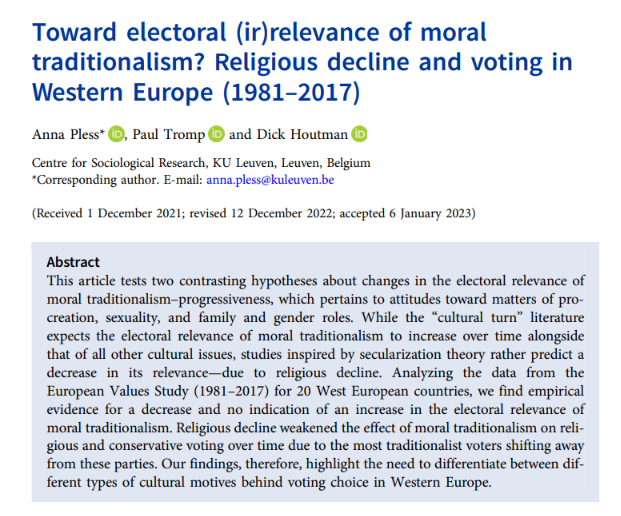 📢Publication alert📢 

Have cultural motives behind voting choice become more important in West European politics? Well, not moral traditionalism as its relevance for religious and conservative voting decreased in the last 4 decades. All because of religious decline!
🧵