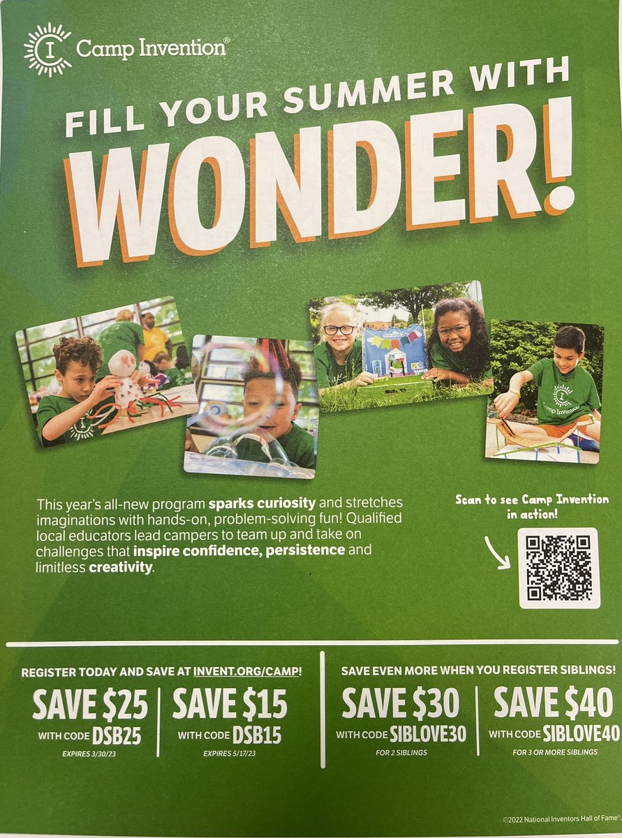 MrsSJones3's tweet photo. Camp Invention is coming to Hicks Summer 2023!
When: June 26th though June 30th
Camp Time: 9:00am – 3:30pm
 
This year’s all-new program is designed to ignite WONDER, encourage confidence, and build essential STEM skills. Email Stephanie Jones at joness@lisd.net for more info! https://t.co/kSDlFwwCTm