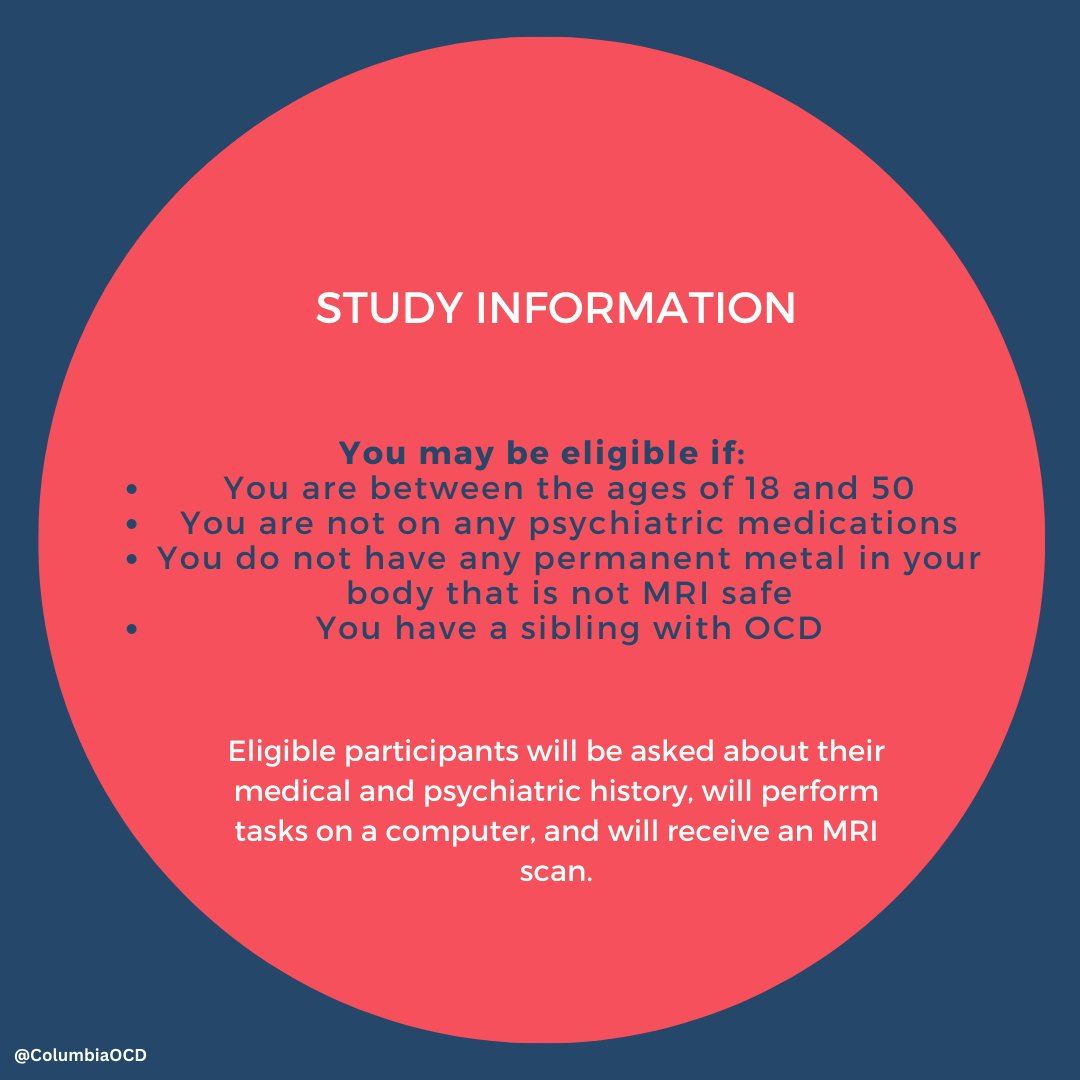 If you have a sibling with OCD, you may be eligible to participate in a research study! You will be compensated for your time and effort, and your sibling (who has OCD) may also be eligible for no-cost treatment after the study. Click the link in our bio if you are interested.