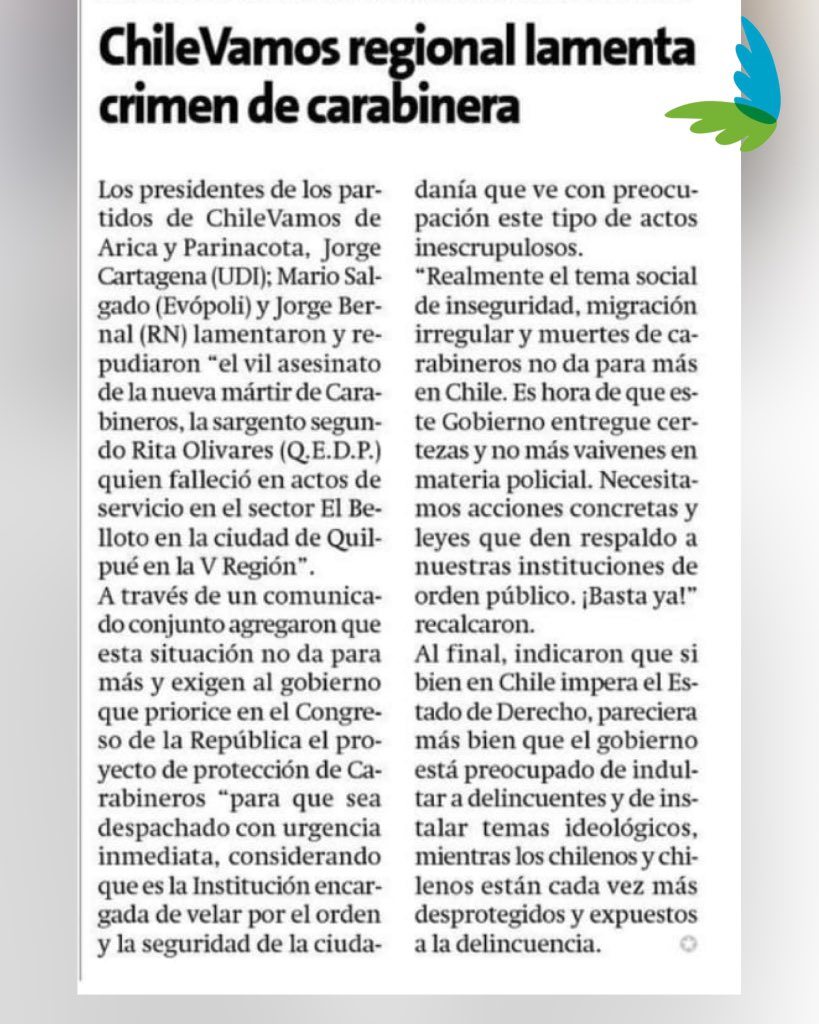 “Es hora de que el Gobierno entregue certezas y no más vaivenes. Necesitamos acciones concretas”. Nuestro presidente regional de #AricayParinacota Mario Salgado, se manifestó junto a otros dirigentes de ChileVamos debido a la crisis de seguridad pública.