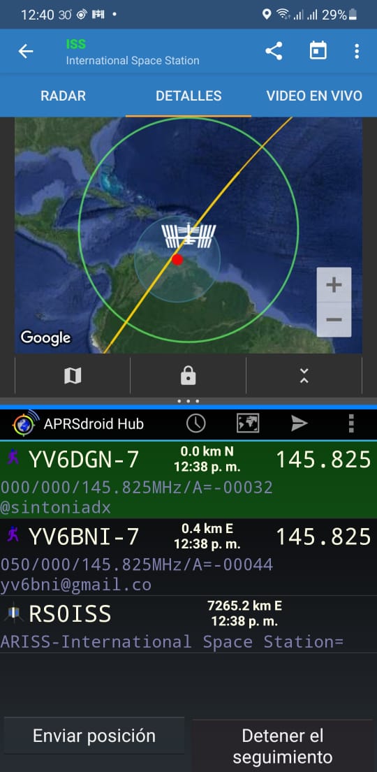 sintoniadx's tweet photo. Recibidas hoy en Barcelona Edo Anzoátegui, Venezuela, las señales APRS de La Estación Espacial Internacional ISS y la del colega Manuel Centeno YV6BNI en mi teléfono celular con la app aprsdroid.
#aprs #aprsdroid #isssatelite #hamradio #radioaficion #radioaficionado https://t.co/Qq7LeIEZYW