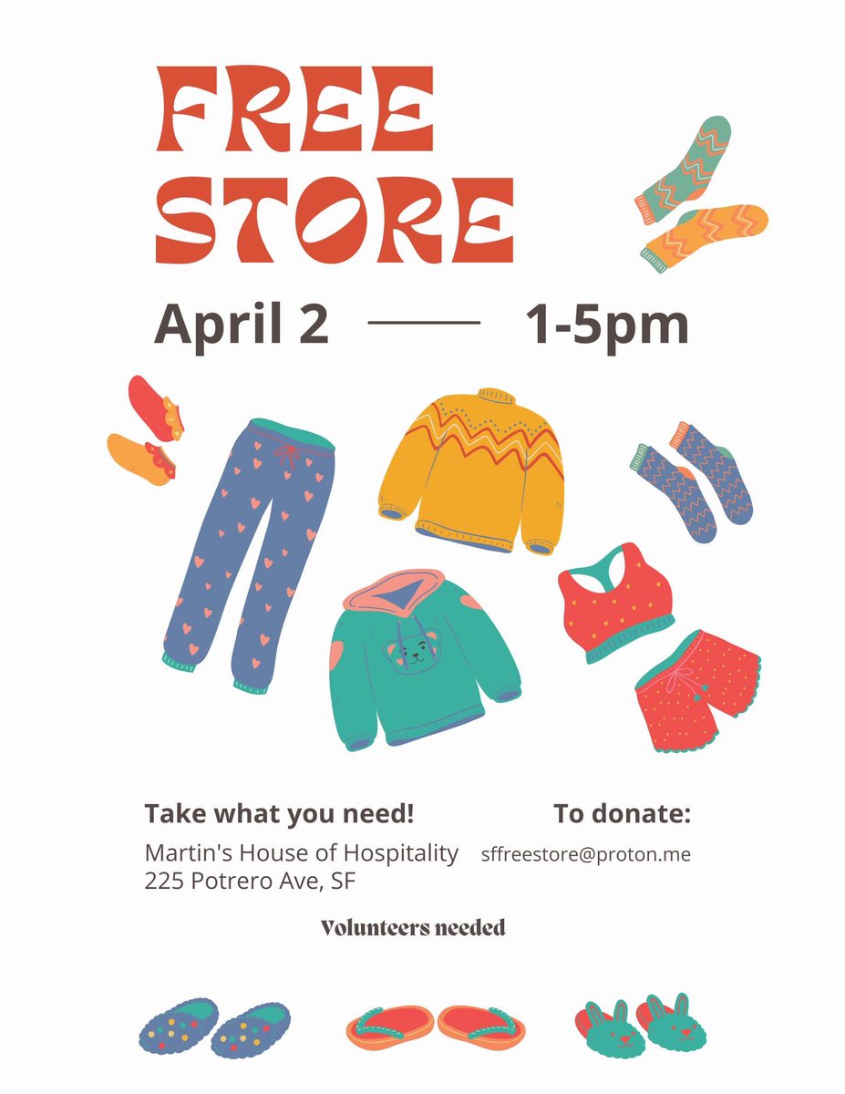 We are helping organize this FREE STORE ❣️ for unhoused neighbors in the Mission on April 2nd. Free clothing &amp; other items will be provided at Martin De Porres House, 225 Potrero Ave. from 1-5 PM. Volunteers are needed! dm us or email sffreestore@proton.me to help out.