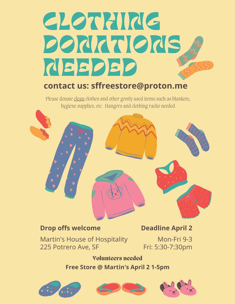 Donations are also still needed. Please donate clean clothes and other gently used items such as blankets, hygiene supplies, or other useful items. Dropoffs Welcome: (Deadline April 2) Martin's House of Hospitality 225 Potrero Ave, SF Mon-Fri 9-3 Friday 5:30-7:30pm
