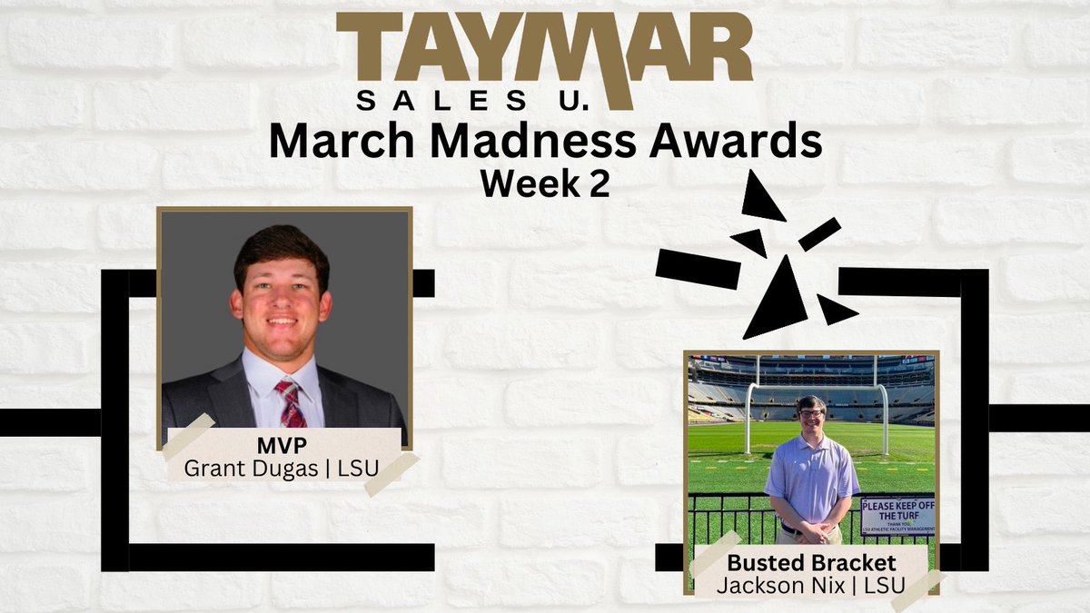 Taymarsalesu's tweet photo. After a week of tough competition, @grantjd4 walked away with the MVP award for our second week of #tayMARchMadness! He barely nudged out Jackson Nix who led our account executives with #BustedBrackets. Week 3 will be crucial as we set our #Final4! https://t.co/yTAF45ESIp