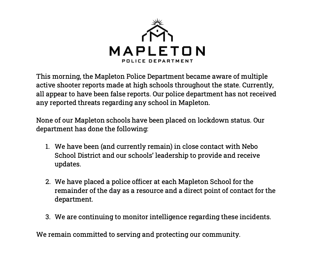 mapletoncity's tweet photo. The #MapletonUT Police Department remains committed to serving and protecting our community. https://t.co/z0w4OeD4Hg