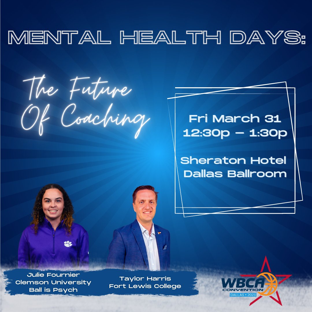 Truly honored to join @julie4nier / @BallisPsych to talk Mental Health & share ideas about implementing #MentalHealthDays in 🏀 programs!

Coaches🗣️as you make your @WBCA1981 Convention schedules, we invite you to bring a friend & come join us Friday afternoon!

#WBCA23