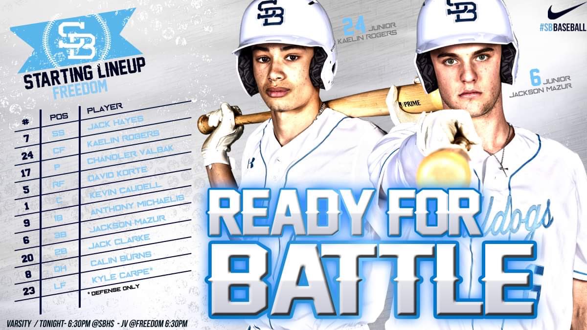 WEDNESDAY NIGHT BASEBALL:
Freedom @ Stone Bridge 
First Pitch 6:30pm 
JV @ Freedom 
#Together #TeamBaseball #SBOE
<a href="/LSBR11/">LSBR</a> <a href="/NoVAHSBB/">NoVA HS Baseball</a> @PBRVADC_Nolan <a href="/SBHS_Athletics/">SBHS Athletics</a>