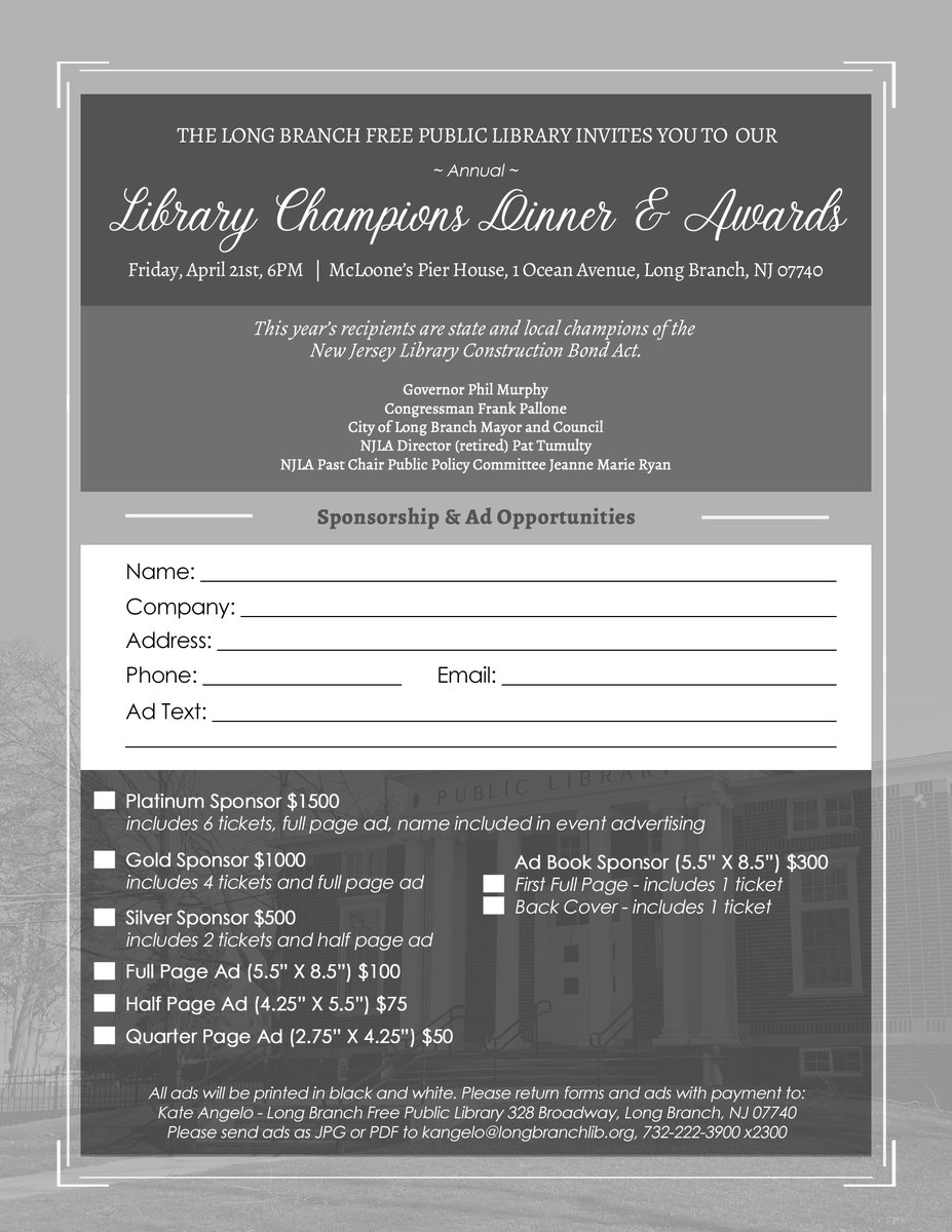 ⭐️ You are invited! ⭐️

Our Library Champions Dinner will be held on Friday, 4.21.2023 at 6pm at McLoone's Pier House. 

Interested in attending or purchasing an ad? For more information, please view the invite, RSVP card and AdForm by clicking here: bit.ly/librarychampio…