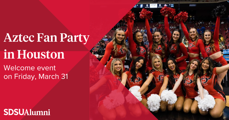sdsualumni's tweet photo. Aztec fans in Houston for the men's NCAA #FinalFour are invited to join #SDSUAlumni and @AztecClub on Friday, March 31 from 5:30 PM to 7:30 PM CT for the Aztec Fan Party! 

RSVP at https://t.co/MbJcAJDVBL

There is no cover charge for admission. 
See you there! #GoAztecs @SDSU