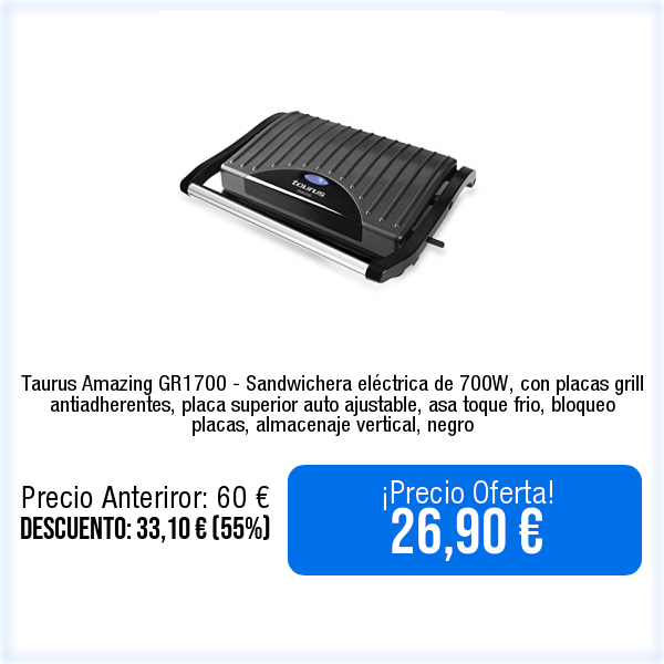 WebPromociones's tweet photo. 🛒📦⬇️Ver en Amazon⬇️📦🛒
https://t.co/gLe8EnLMPU
Taurus Amazing GR1700 - Sandwichera eléctrica de 700W, con placas grill antiadherentes, placa superior auto ajustable, asa toque frio, bloqueo placas, almacenaje vertical, negro https://t.co/Mu7qakkVaA
