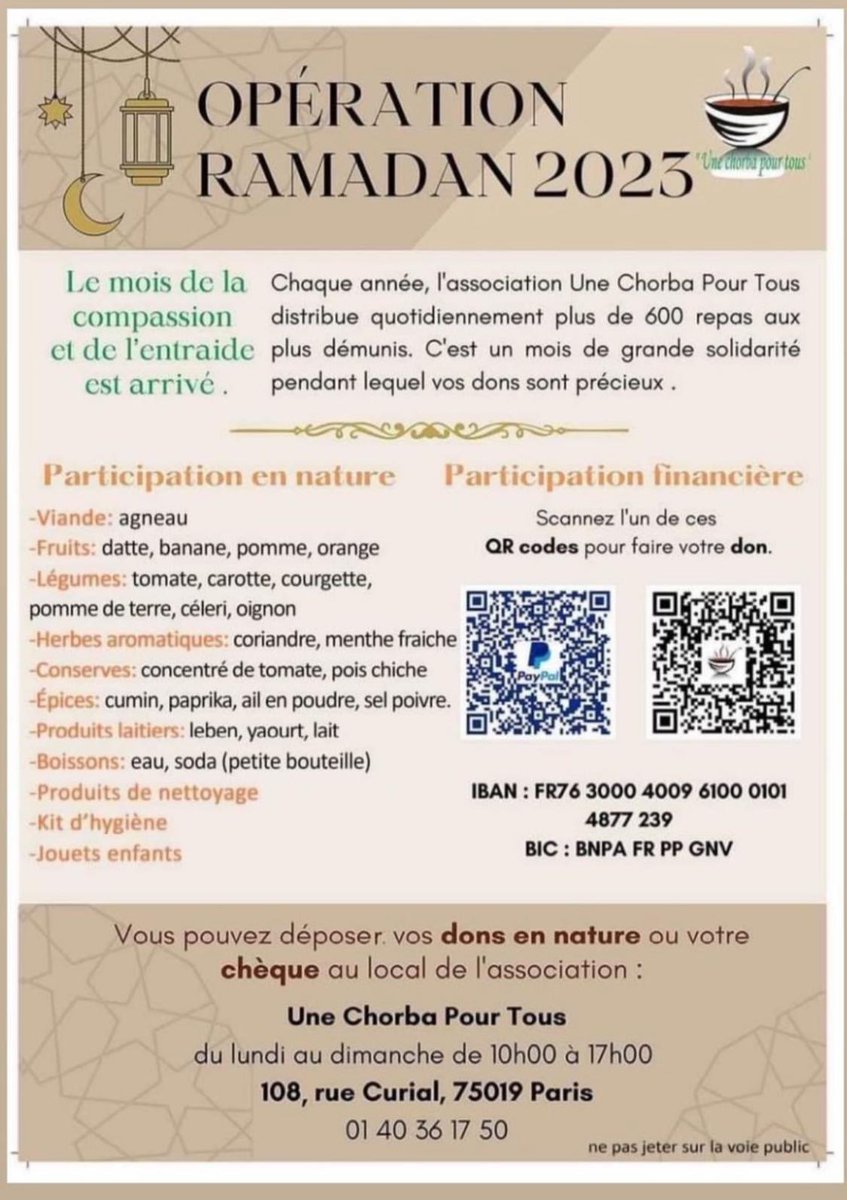 Une Chorba Pour Tous (@chorbapourtous) on Twitter photo L’opération Ramadan 2023 a bien commencé😍
Les bénévoles sont motivés à donner de leur personne pour mener à bien les distributions de notre chapiteau de porte de Pantin.
Merci aux généreux donateurs, à <a href="/Paris19e/">Mairie du 19e</a>, et aux bénévoles😊 L’opération Ramadan 2023 a bien commencé😍
Les bénévoles sont motivés à donner de leur personne pour mener à bien les distributions de notre chapiteau de porte de Pantin.
Merci aux généreux donateurs, à <a href="/Paris19e/">Mairie du 19e</a>, et aux bénévoles😊