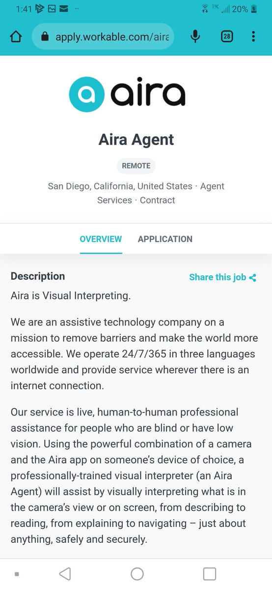 Aira is hiring remote workers! Assist blind &amp; low vision customers with real-time tasks. 🍀💌🔥

Link to job: 
⬇⬇⬇⬇⬇⬇⬇
apply.workable.com/j/741B9BC112/?…

Watch "Meet Aira Agent Erin" on YouTube:
youtu.be/KhPWlACGoYw