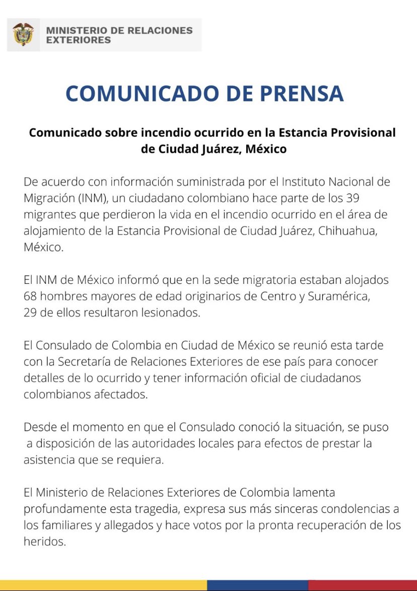Carolina Jimenez Sandoval (@cjimenezDC) on Twitter photo 2023-03-29 17:49:26 Gobiernos #Colombia #ElSalvador #Honduras #Guatemala se pronunciaron de diversas formas sobre tragedia en #CiudadJuarez en la que murieron 38 personas migrantes de sus países Hasta el momento NO hay pronunciamiento de gobierno #Venezuela a pesar de que murieron venezolanos 🧵1/2 Gobiernos #Colombia #ElSalvador #Honduras #Guatemala se pronunciaron de diversas formas sobre tragedia en #CiudadJuarez en la que murieron 38 personas migrantes de sus países Hasta el momento NO hay pronunciamiento de gobierno #Venezuela a pesar de que murieron venezolanos 🧵1/2