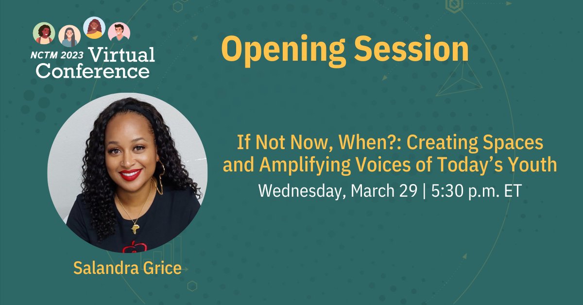 NCTM (@nctm) on Twitter photo #NCTMVC23 attendees 👉 don't miss the Opening Session TONIGHT with Salandra Grice!
This session is designed to promote thought-provoking discussions resulting in action-based initiatives that create more positive and equitable outcomes for young people.
<a href="/GriceSalandra/">The Conscious Educator</a> #NCTMVC23 attendees 👉 don't miss the Opening Session TONIGHT with Salandra Grice!
This session is designed to promote thought-provoking discussions resulting in action-based initiatives that create more positive and equitable outcomes for young people.
<a href="/GriceSalandra/">The Conscious Educator</a>