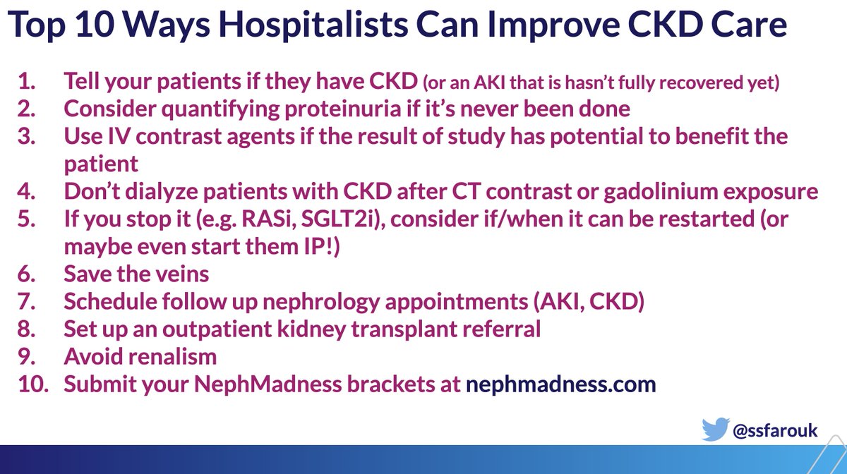 🔟ways #hospitalists can improve #CKD care

#SHMConverge23 #Nephrology #NephMadness <a href="/ISMMSKidney/">Barbara T. Murphy Mount Sinai Div. of Nephrology</a> <a href="/SocietyHospMed/">Society of Hospital Medicine</a>